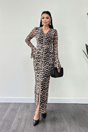 Tül Desenli Kumaş Kolları Volan Detaylı Kalem Elbise - LEOPAR