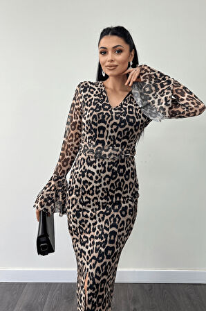 Tül Desenli Kumaş Kolları Volan Detaylı Kalem Elbise - LEOPAR