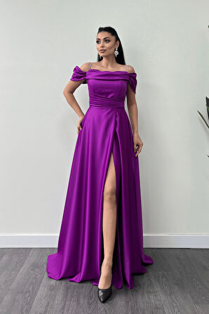 Saten Kumaş Büzgülü Askılı Abiye Elbise - MOR