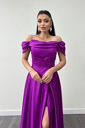 Saten Kumaş Büzgülü Askılı Abiye Elbise - MOR