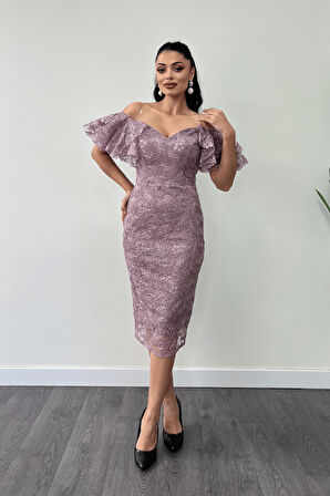 İşleme Dantel Kumaş Kayık Yaka Kalem Elbise - GÜL KURUSU