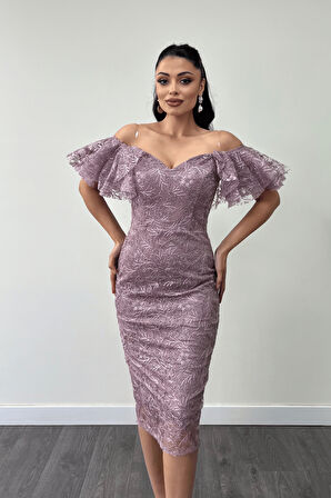 İşleme Dantel Kumaş Kayık Yaka Kalem Elbise - GÜL KURUSU