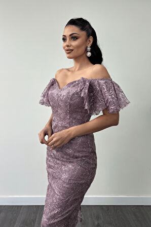 İşleme Dantel Kumaş Kayık Yaka Kalem Elbise - GÜL KURUSU