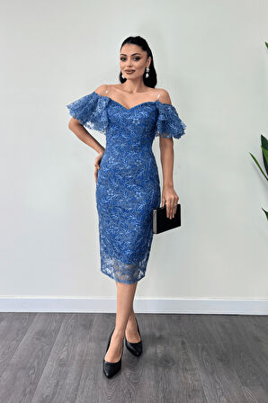 İşleme Dantel Kumaş Kayık Yaka Kalem Elbise - İNDİGO MAVİ