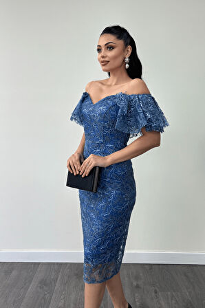 İşleme Dantel Kumaş Kayık Yaka Kalem Elbise - İNDİGO MAVİ