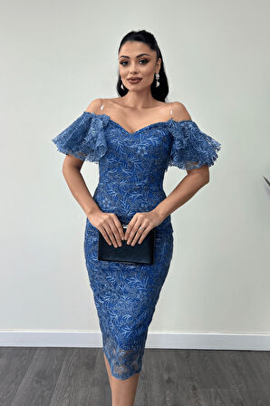 İşleme Dantel Kumaş Kayık Yaka Kalem Elbise - İNDİGO MAVİ