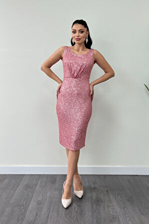 Payet Kumaş Büzgü Detaylı Kalın Askılı Elbise - PUDRA