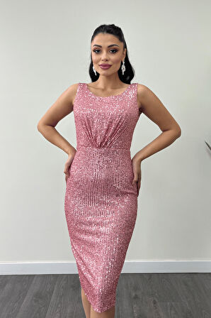 Payet Kumaş Büzgü Detaylı Kalın Askılı Elbise - PUDRA