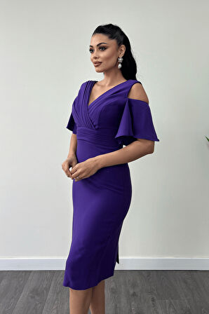 Krep Kumaş Büzgü Detaylı Kalem Elbise - MOR
