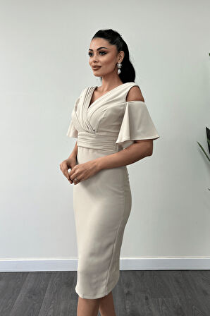 Krep Kumaş Büzgü Detaylı Kalem Elbise - BEJ