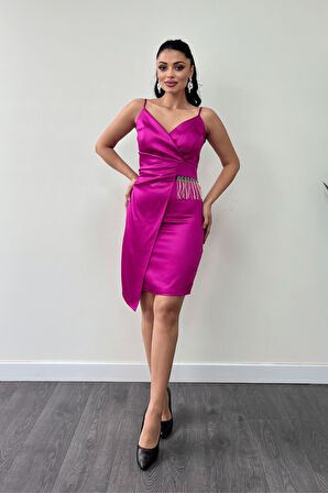 Saten Kumaş Boncuk Detaylı Elbise - FUŞYA