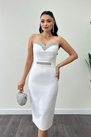 Atlas Kumaş Taş Detaylı İşleme Detaylı Kalem Elbise - BEYAZ