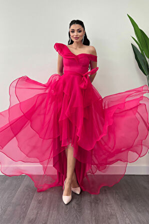 Organze Kumaş Kat Kat Abiye Elbise - FUŞYA
