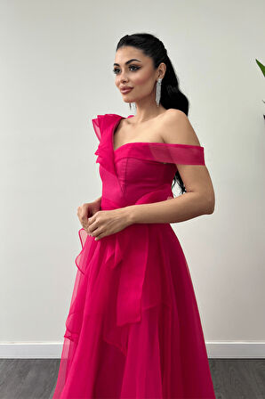 Organze Kumaş Kat Kat Abiye Elbise - FUŞYA
