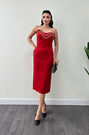 Atlas Kumaş Straplez Kalem Elbise - KIRMIZI