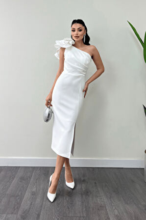 Atlas Kumaş Omuz Organze Detaylı Kalem Elbise - BEYAZ