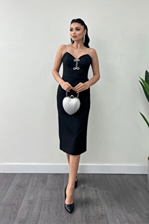 Atlas Kumaş Askılı Payet Detaylı Kalem Elbise - SİYAH