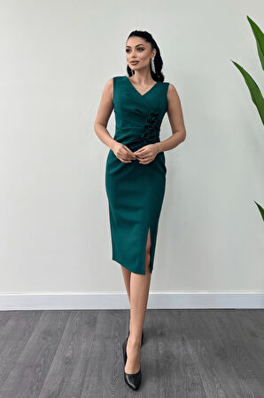 Atlas Kumaş Gül Detaylı Kalem Elbise - ZÜMRÜT YEŞİL