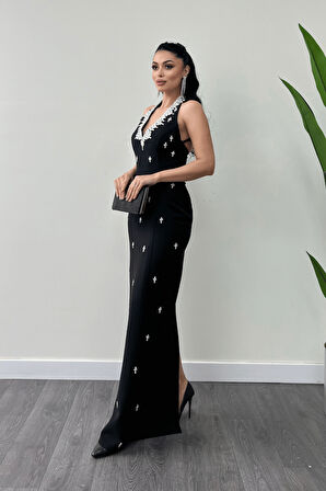 Atlas Kumaş Taş Detaylı Boyundan Bağlama Abiye Elbise - SİYAH