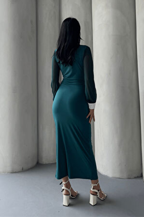 Düğme Detaylı Tül Elbise - ZÜMRÜT YEŞİL