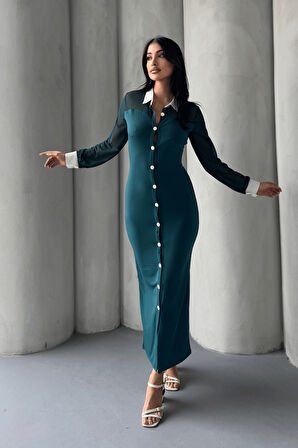 Düğme Detaylı Tül Elbise - ZÜMRÜT YEŞİL