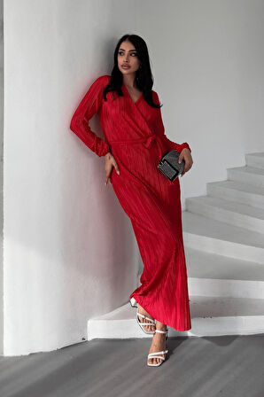 Pliseli Kuşaklı Elbise - KIRMIZI