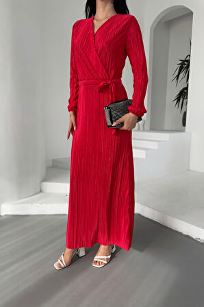 Pliseli Kuşaklı Elbise - KIRMIZI