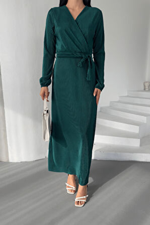 Pliseli Kuşaklı Elbise - ZÜMRÜT YEŞİL