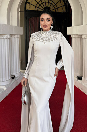 Atlas Kumaş Taşlı Pelerin Detaylı Balık Elbise - BEJ