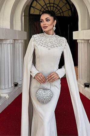 Atlas Kumaş Taşlı Pelerin Detaylı Balık Elbise - BEJ