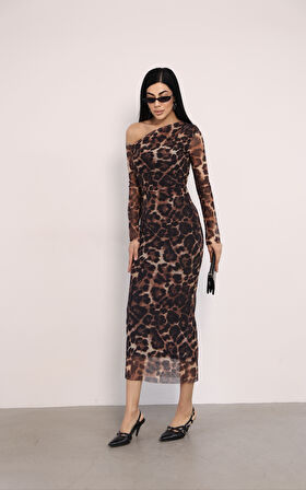 Tül Kumaş Omuz Detaylı Kalem Elbise - LEOPAR