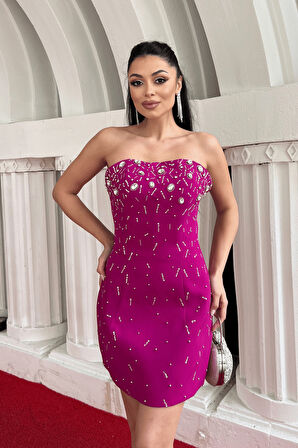 Atlas Kumaş Taş Detaylı Mini Elbise - FUŞYA