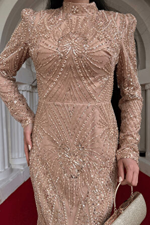 Full Boncuk Kumaş Tasarım Abiye Elbise - BRONZ