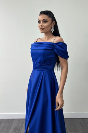 Saten Kumaş Büzgülü Askılı Abiye Elbise - SAKS MAVİ-GYM-1440