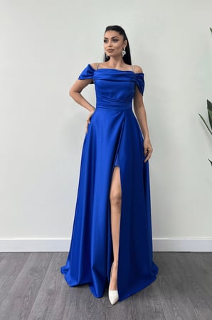 Saten Kumaş Büzgülü Askılı Abiye Elbise - SAKS MAVİ-GYM-1440
