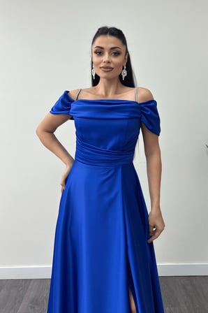 Saten Kumaş Büzgülü Askılı Abiye Elbise - SAKS MAVİ-GYM-1440