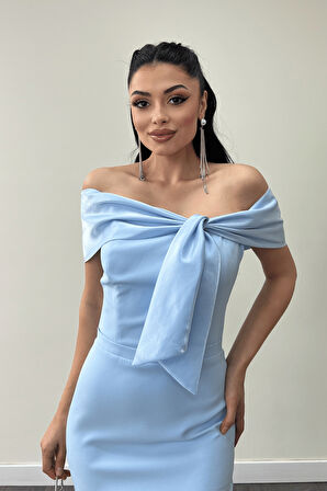 Atlas Kumaş Yakası Kurdale Detaylı Kalem Elbise - BEBE MAVİSİ