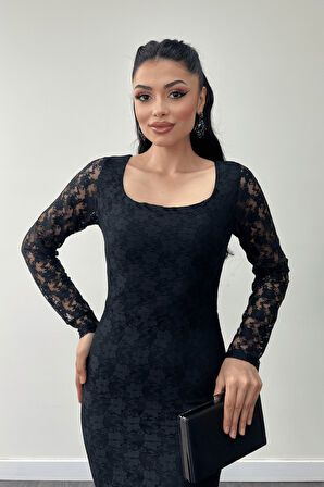 Dantel Kumaş Kare Yaka Balık Elbise - SİYAH