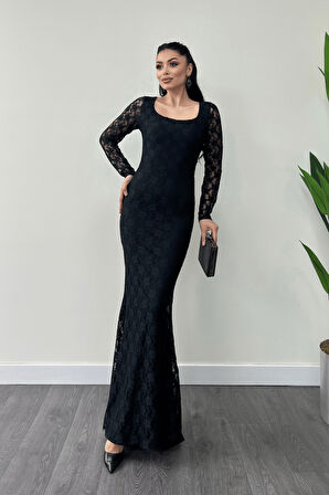 Dantel Kumaş Kare Yaka Balık Elbise - SİYAH