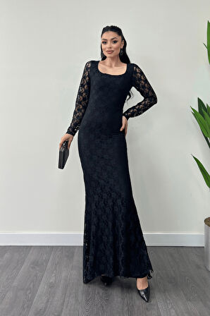 Dantel Kumaş Kare Yaka Balık Elbise - SİYAH