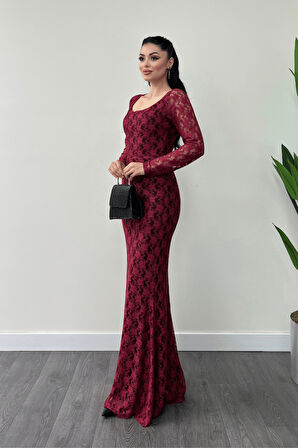 Dantel Kumaş Kare Yaka Balık Elbise - BORDO