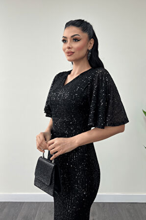 Pul Payet Kumaş V Yaka Abiye Elbise - SİYAH