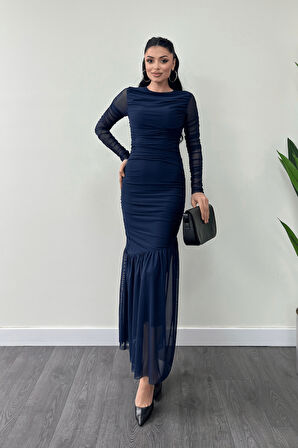 Tül Kumaş Büzgü Detaylı Kalem Elbise - LACİVERT