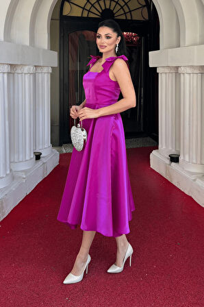 Tafta Saten Kumaş Askılı Cepli Midi Elbise - FUŞYA