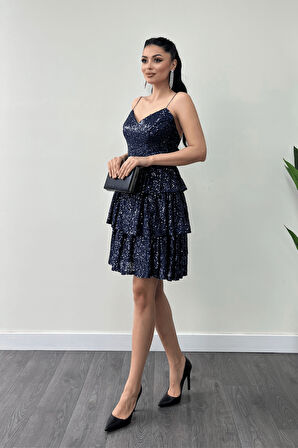 Pul Payet Kat Kat Mini Elbise - LACİVERT