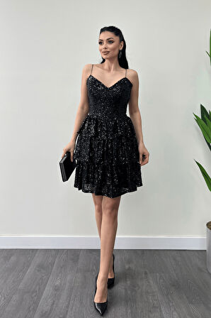 Pul Payet Kat Kat Mini Elbise - SİYAH