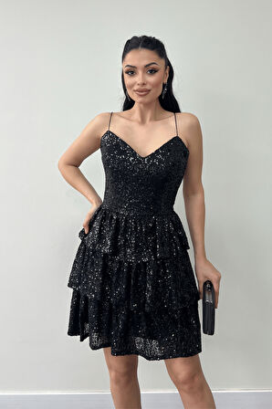 Pul Payet Kat Kat Mini Elbise - SİYAH