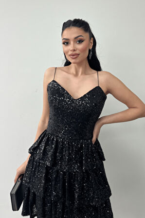 Pul Payet Kat Kat Mini Elbise - SİYAH