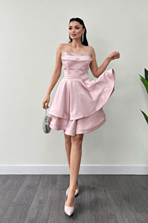 Saten Kumaş Payet Detaylı Straplez Mini Elbise - PUDRA
