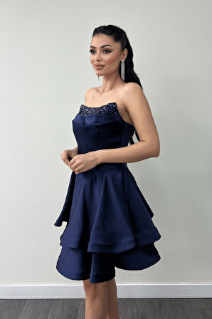 Saten Kumaş Payet Detaylı Straplez Mini Elbise - LACİVERT